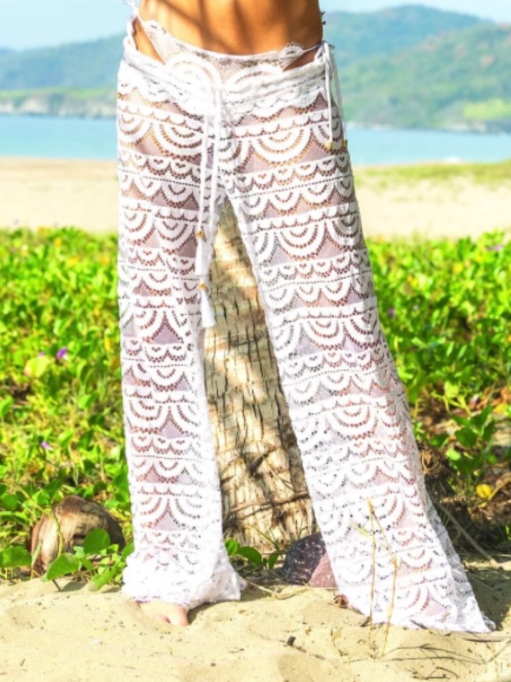 NWOT! SPIAGGIA DOLCE White Scalloped Lace Cover-up Drawstring Pants Size S